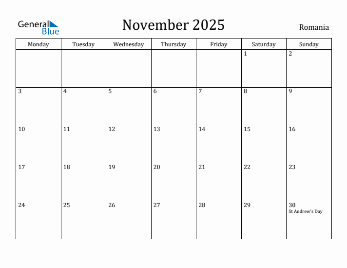 November 2025 Calendar Romania