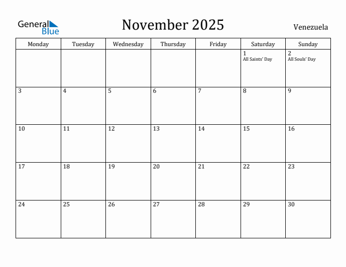 November 2025 Calendar Venezuela