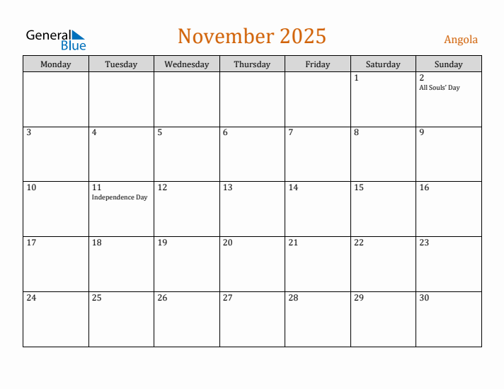 November 2025 Holiday Calendar with Monday Start