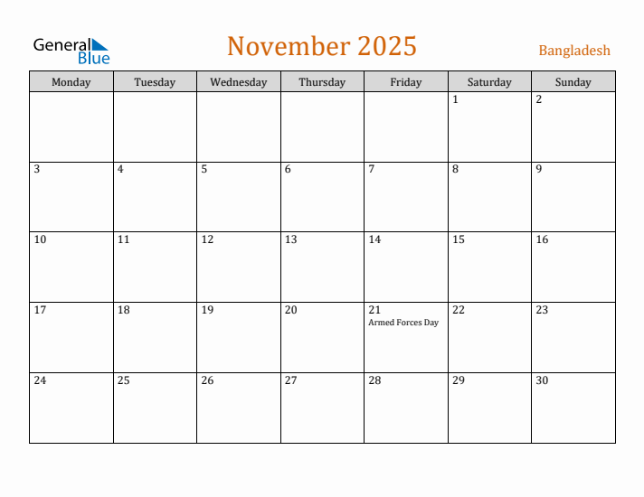 November 2025 Holiday Calendar with Monday Start