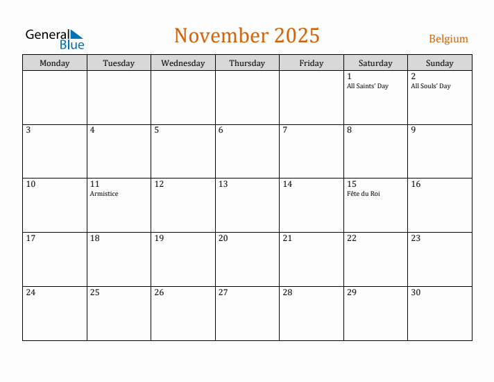 November 2025 Holiday Calendar with Monday Start