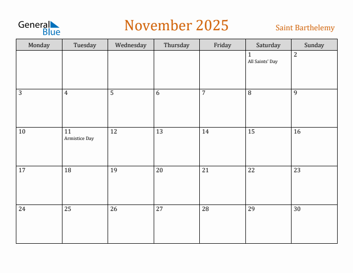 November 2025 Holiday Calendar with Monday Start