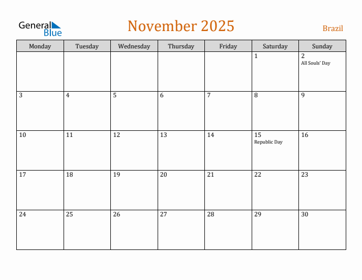 November 2025 Holiday Calendar with Monday Start