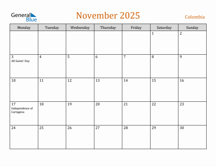 November 2025 Holiday Calendar with Monday Start