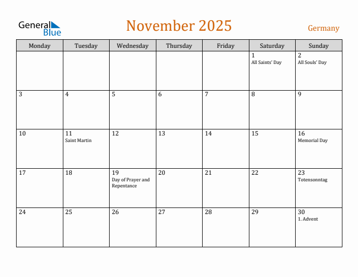 November 2025 Holiday Calendar with Monday Start