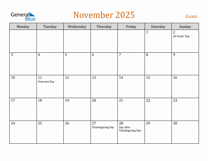 November 2025 Holiday Calendar with Monday Start