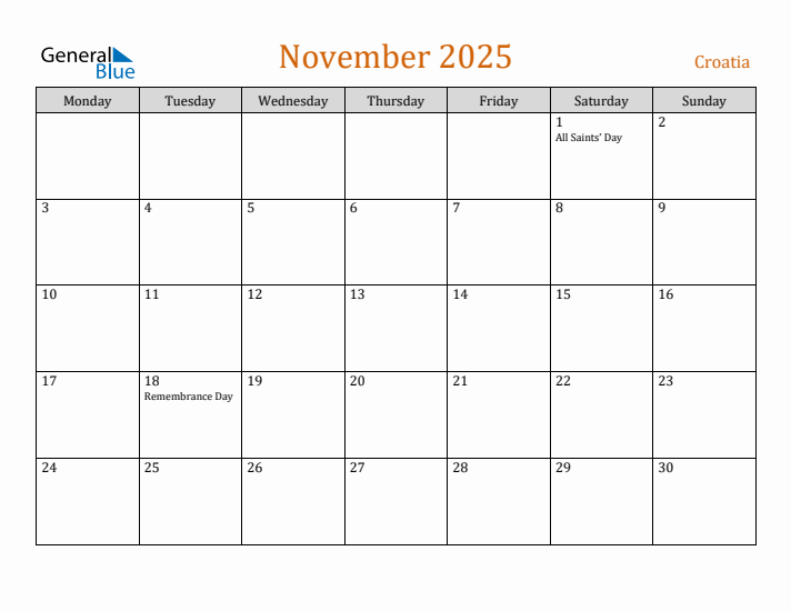 November 2025 Holiday Calendar with Monday Start