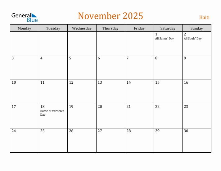 November 2025 Holiday Calendar with Monday Start