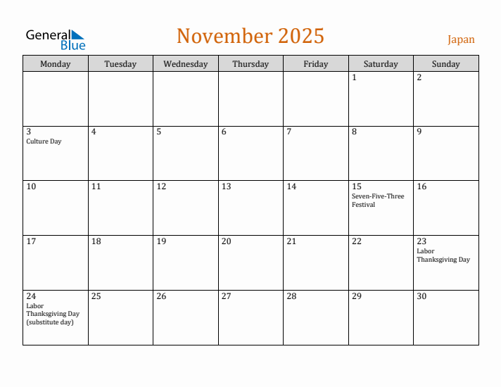 November 2025 Holiday Calendar with Monday Start