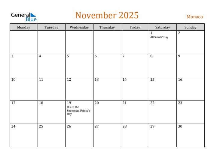 November 2025 Holiday Calendar with Monday Start