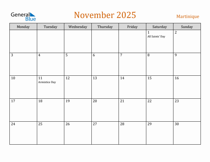 November 2025 Holiday Calendar with Monday Start