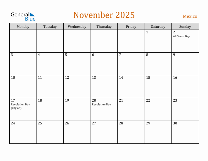 November 2025 Holiday Calendar with Monday Start