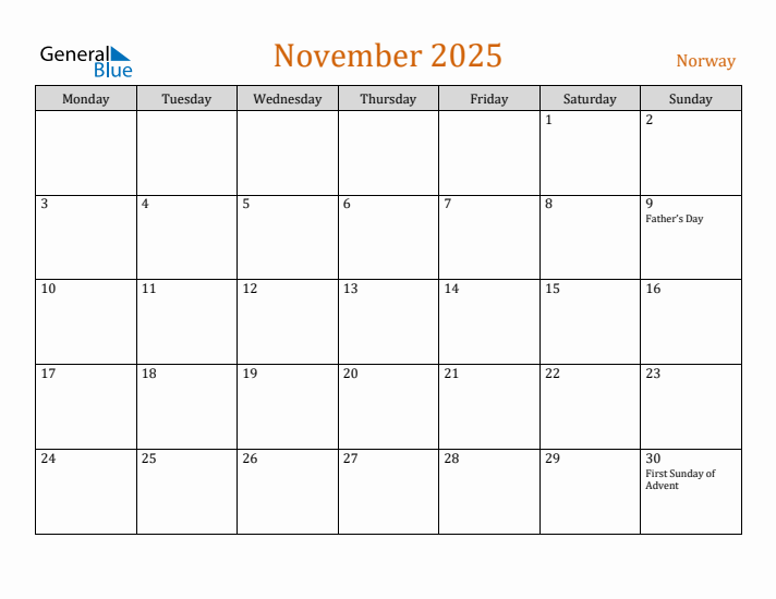 November 2025 Holiday Calendar with Monday Start