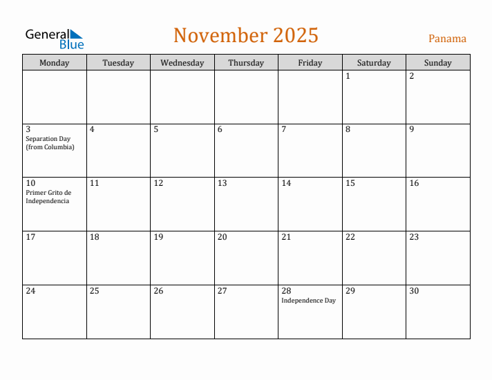 November 2025 Holiday Calendar with Monday Start