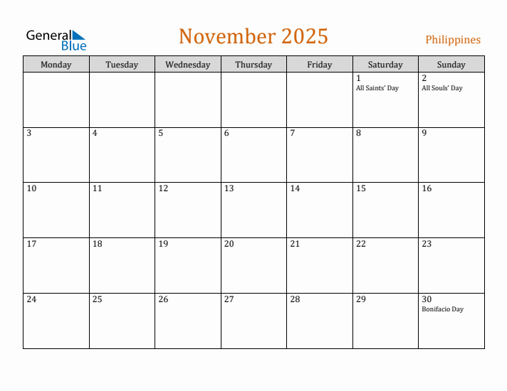 November 2025 Holiday Calendar with Monday Start