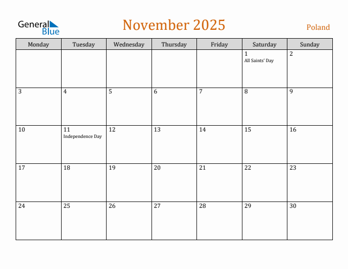 November 2025 Holiday Calendar with Monday Start