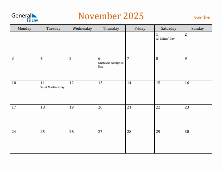 November 2025 Holiday Calendar with Monday Start