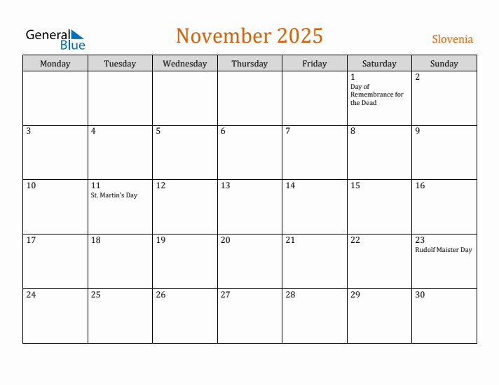 November 2025 Holiday Calendar with Monday Start