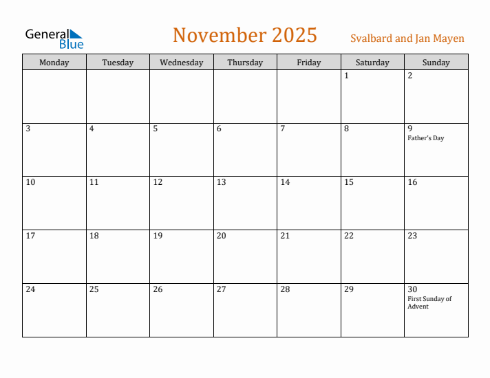 November 2025 Holiday Calendar with Monday Start