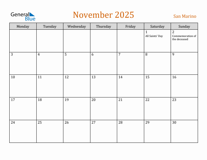 November 2025 Holiday Calendar with Monday Start