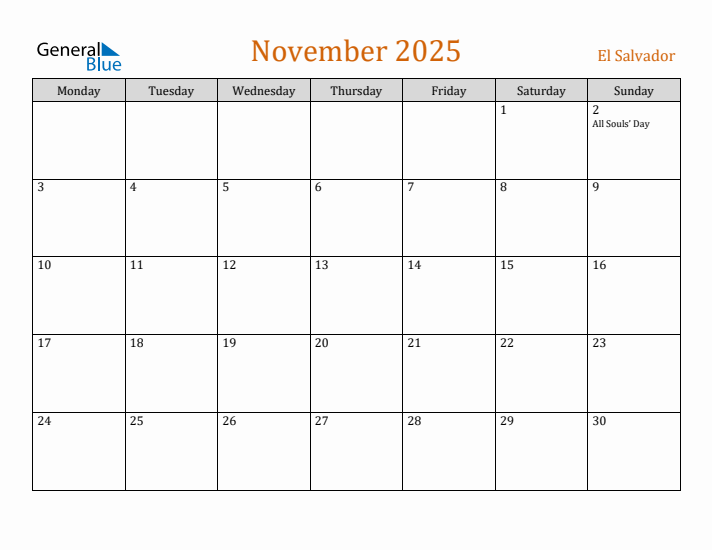 November 2025 Holiday Calendar with Monday Start