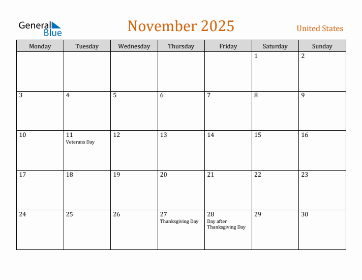 November 2025 Holiday Calendar with Monday Start