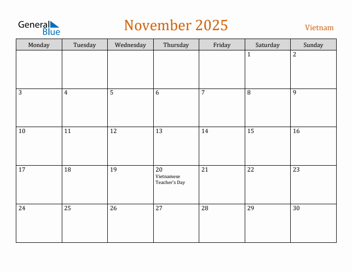 November 2025 Holiday Calendar with Monday Start