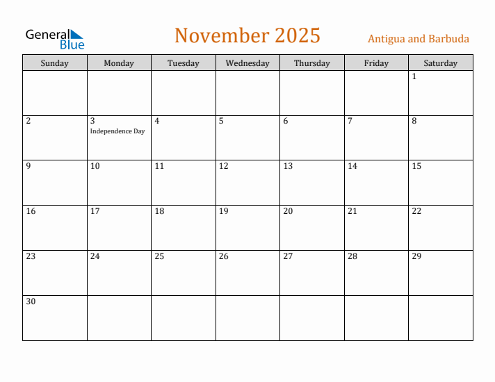 November 2025 Holiday Calendar with Sunday Start