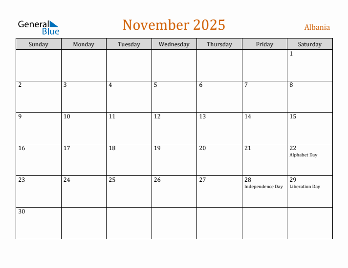 November 2025 Holiday Calendar with Sunday Start