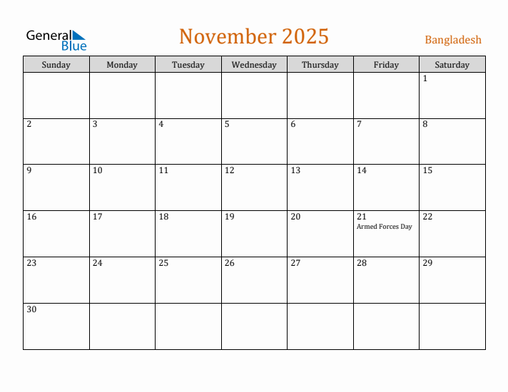 November 2025 Holiday Calendar with Sunday Start