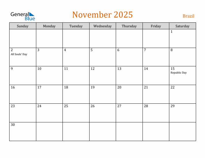 November 2025 Holiday Calendar with Sunday Start