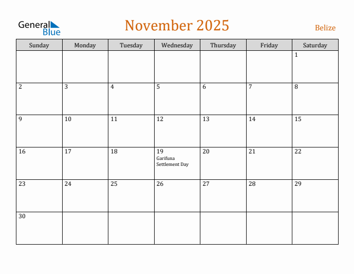 November 2025 Holiday Calendar with Sunday Start