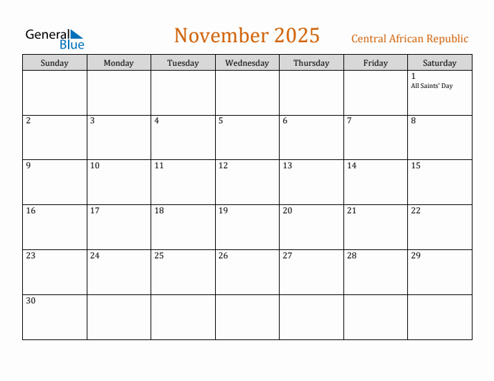 November 2025 Holiday Calendar with Sunday Start