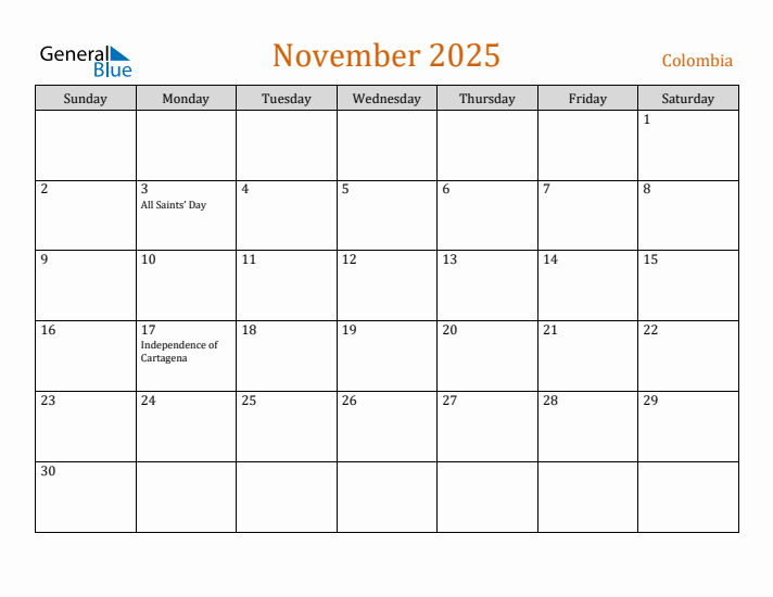 November 2025 Holiday Calendar with Sunday Start