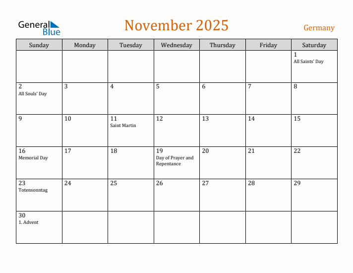 November 2025 Holiday Calendar with Sunday Start