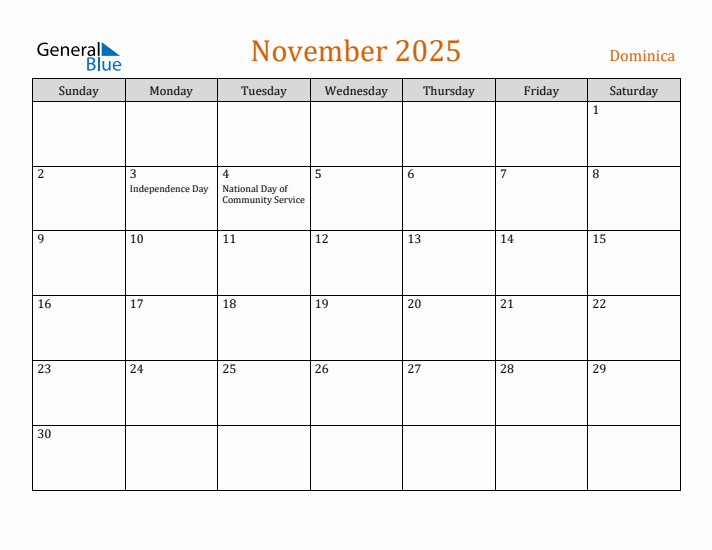 November 2025 Holiday Calendar with Sunday Start