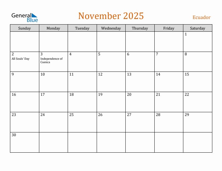 November 2025 Holiday Calendar with Sunday Start