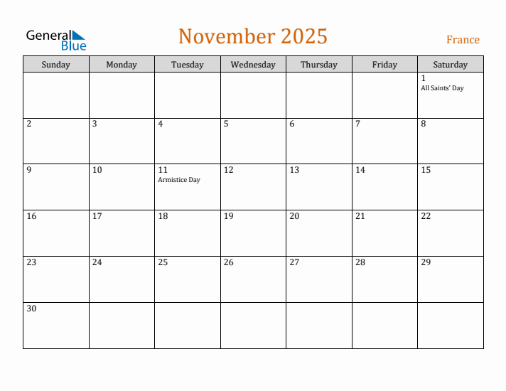 November 2025 Holiday Calendar with Sunday Start