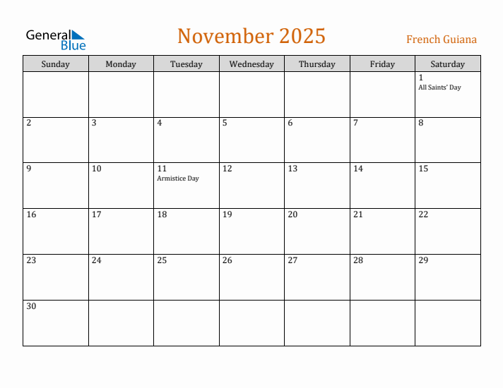 November 2025 Holiday Calendar with Sunday Start