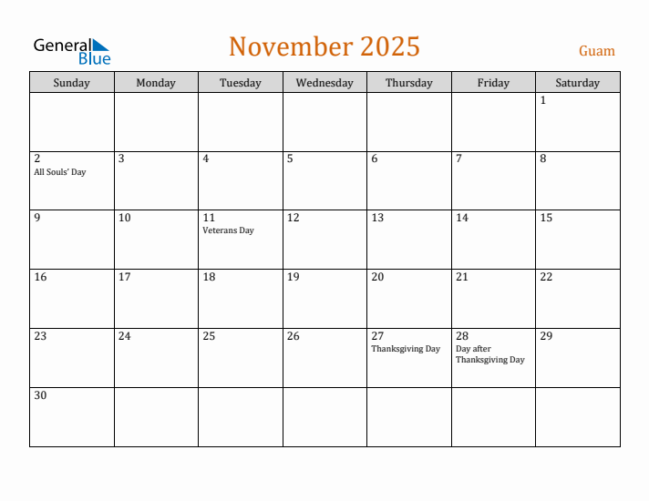 November 2025 Holiday Calendar with Sunday Start