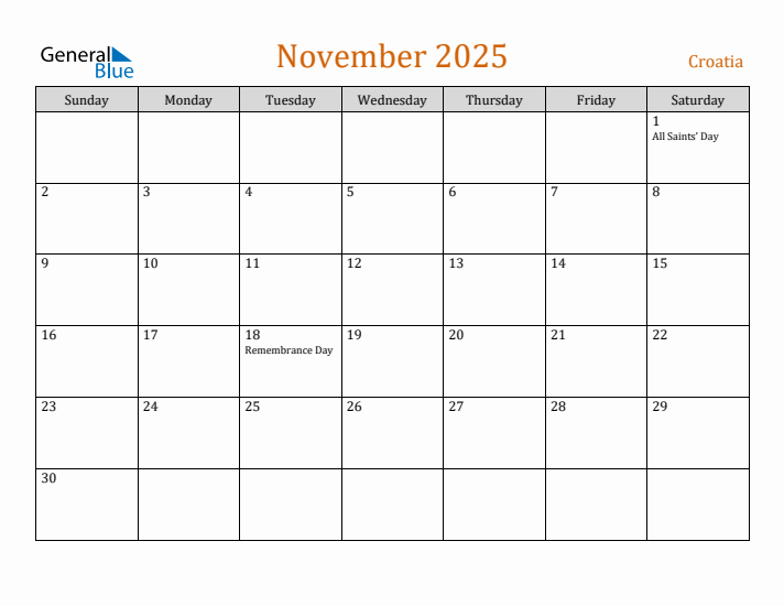 November 2025 Holiday Calendar with Sunday Start