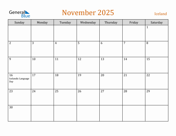 November 2025 Holiday Calendar with Sunday Start