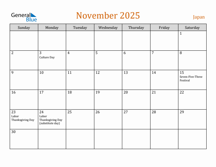 November 2025 Holiday Calendar with Sunday Start