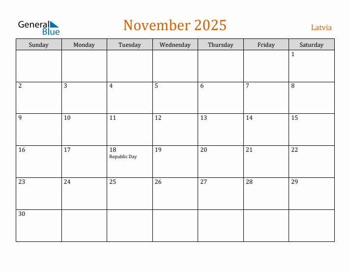 November 2025 Holiday Calendar with Sunday Start