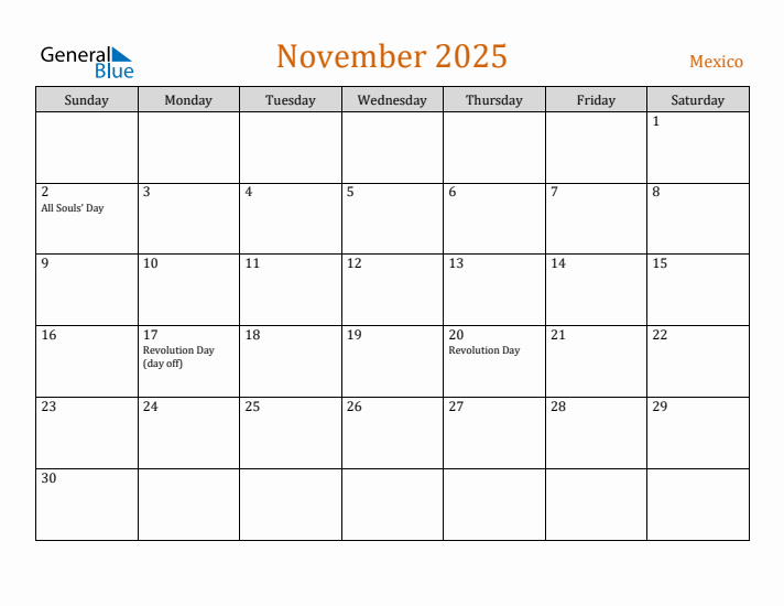 November 2025 Holiday Calendar with Sunday Start