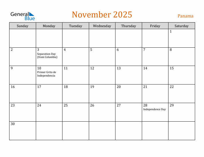 November 2025 Holiday Calendar with Sunday Start