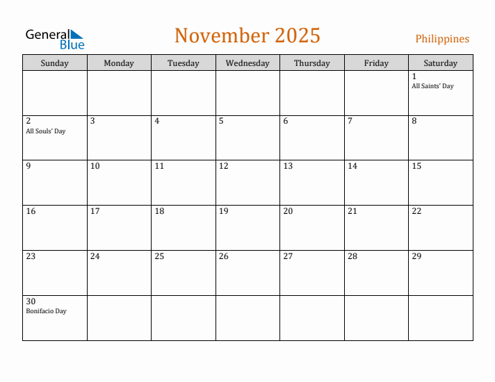 November 2025 Holiday Calendar with Sunday Start