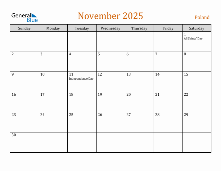 November 2025 Holiday Calendar with Sunday Start