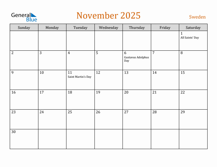 November 2025 Holiday Calendar with Sunday Start