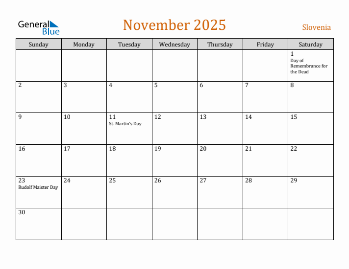 November 2025 Holiday Calendar with Sunday Start